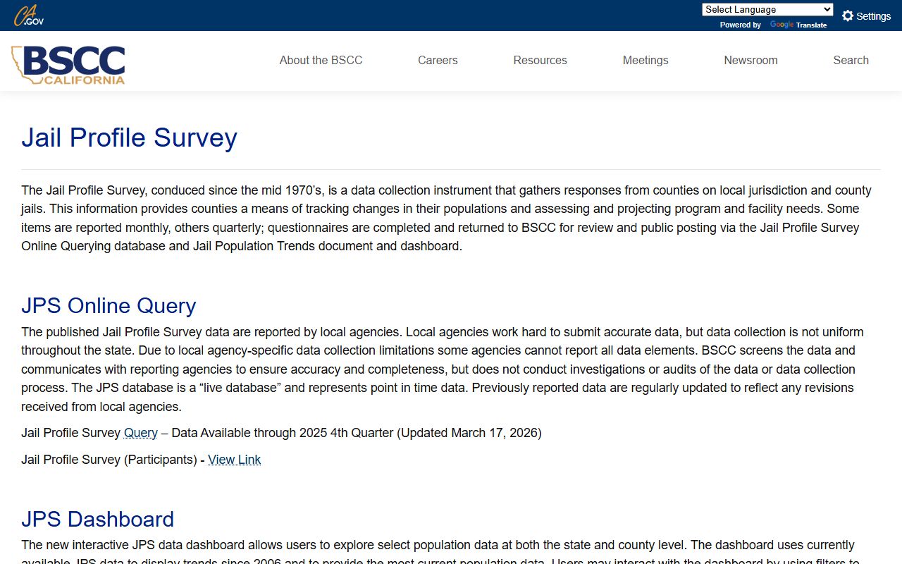 BSCC Jail Profile Survey source for Riverside County inmate population data