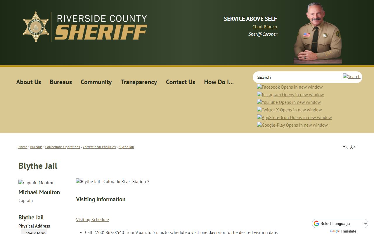 Riverside County Blythe Jail official facility page for inmate search details