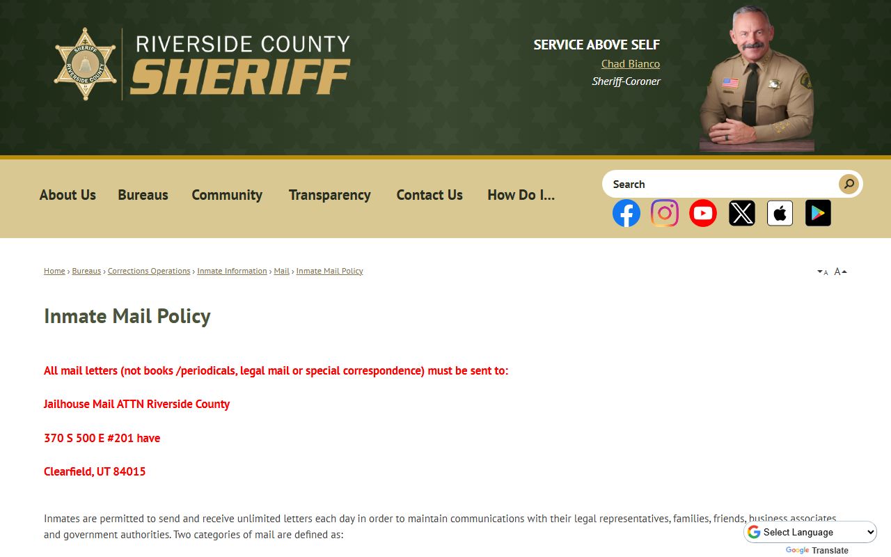 Riverside County inmate records mail policy for sheriff jail inmates