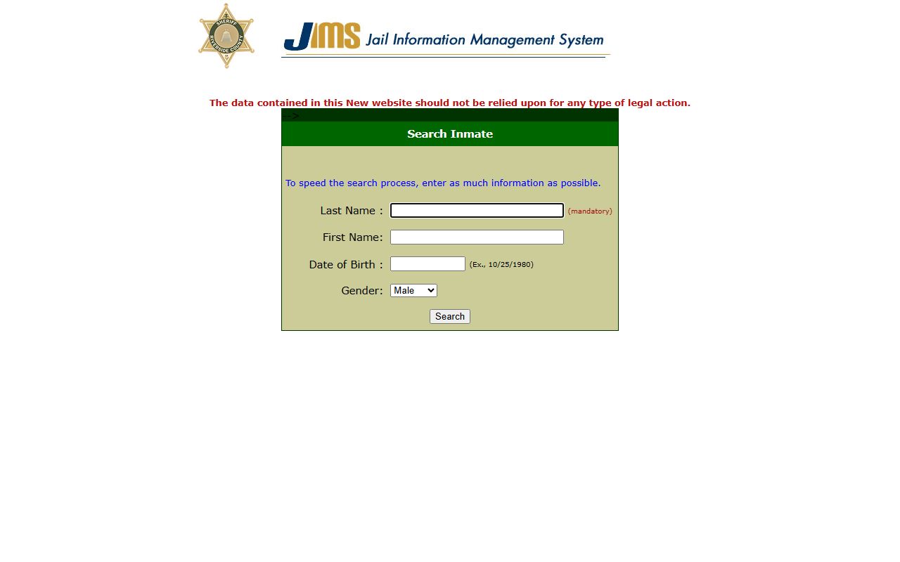 Riverside County JIMS inmate search form for booking records and mugshot request details