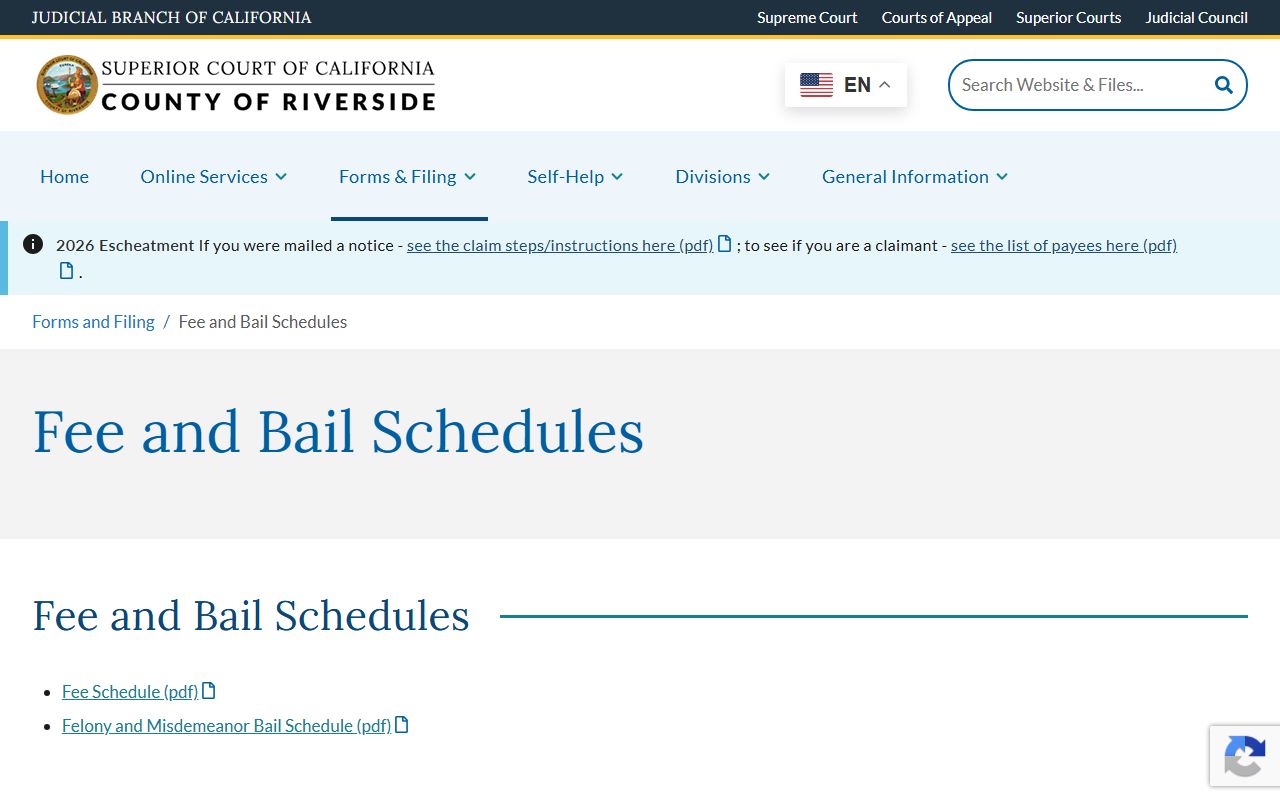 Riverside County court records after arrest fee and bail schedules page