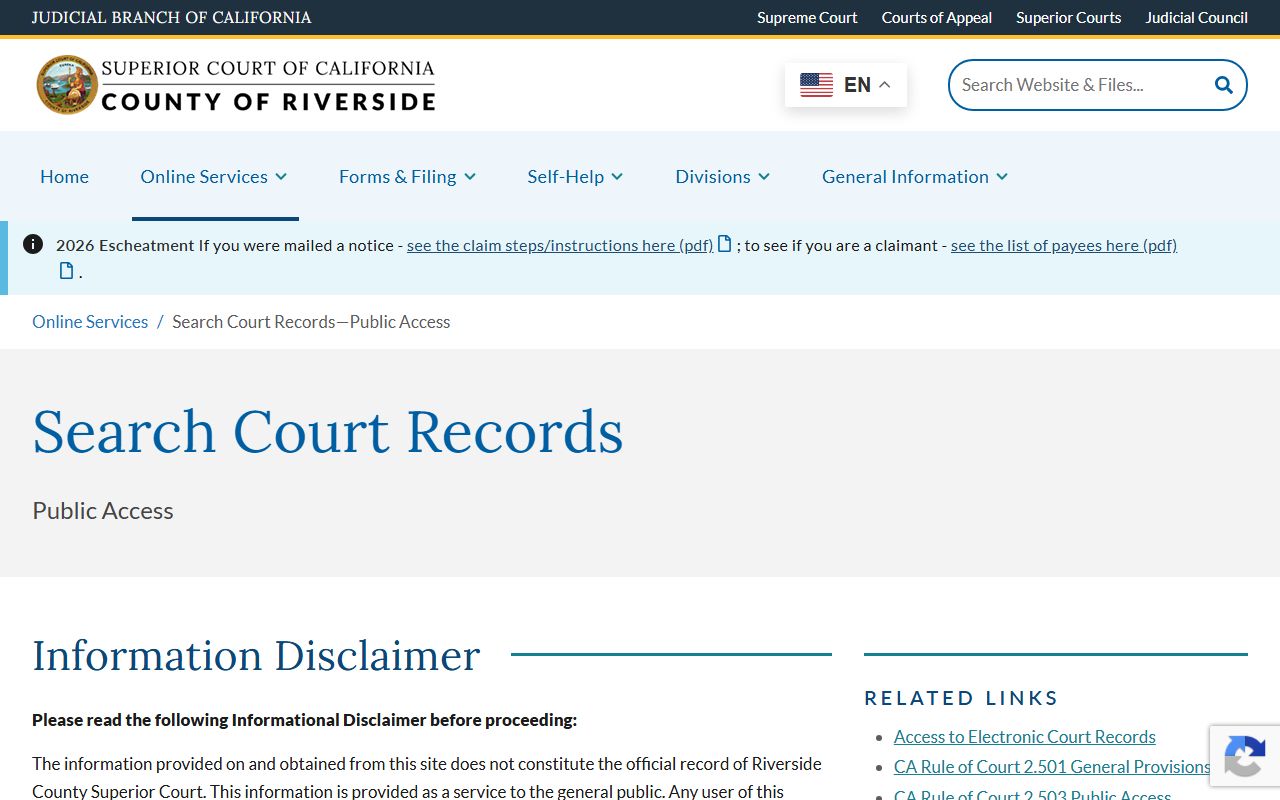 Riverside County court records after jail arrest public access page