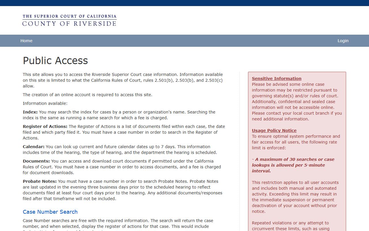 Riverside County court records after jail arrest Public Portal login screen