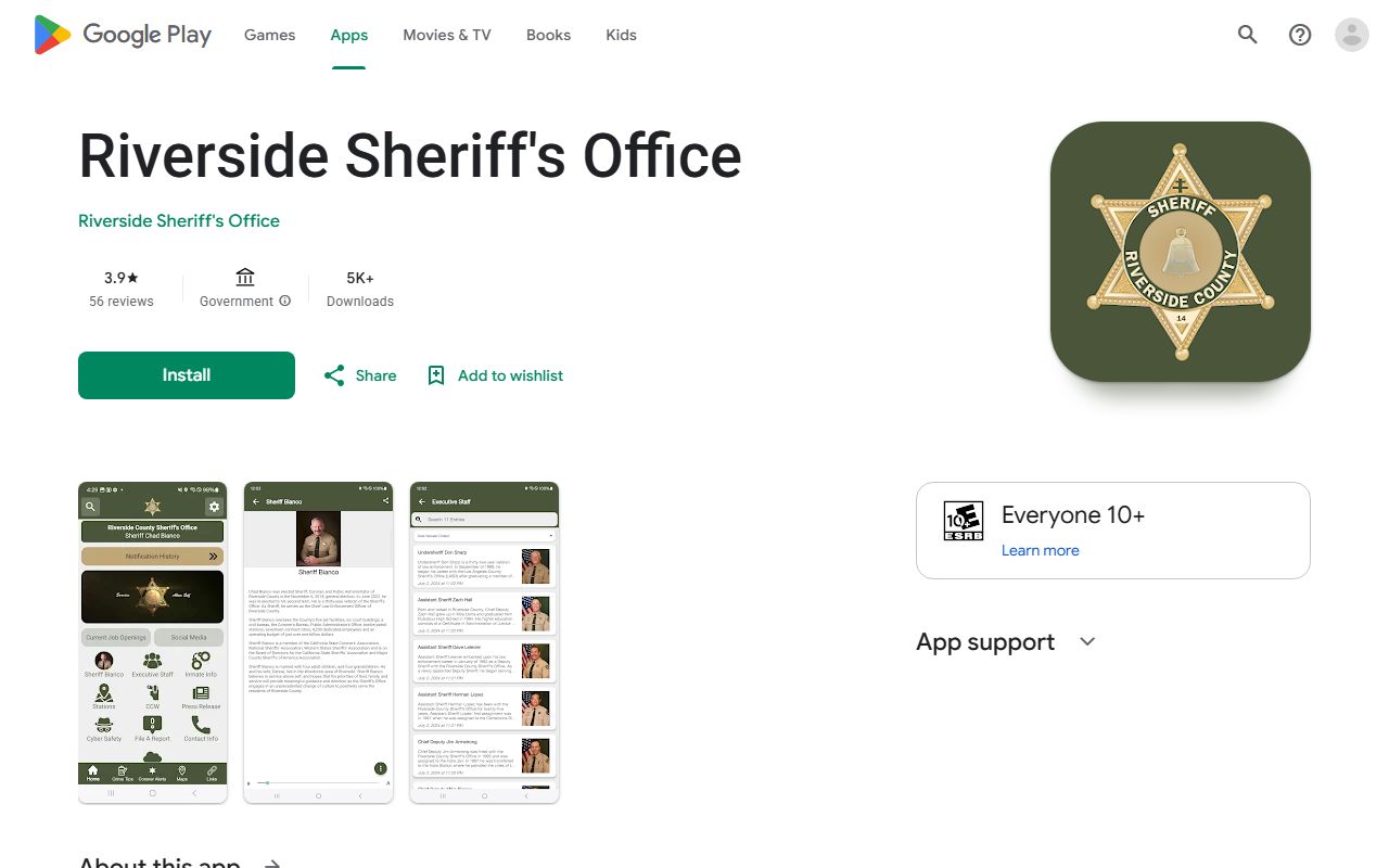 Riverside Sheriff's Office app listing checked for inmate population lookup features
