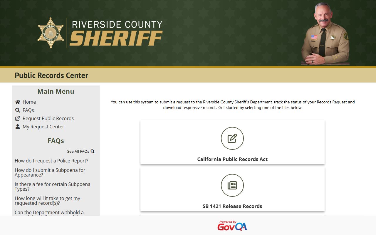 Riverside County Sheriff GovQA public records center for booking photo requests